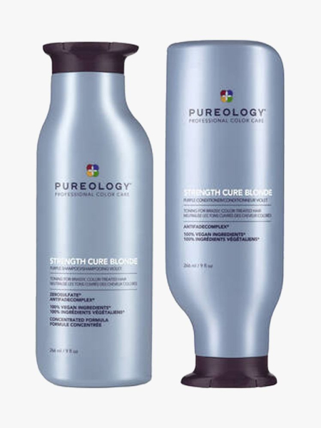 Pureology Strength Cure Blonde Purple Shampoo and Conditioner in branded bottle components on a light gray background